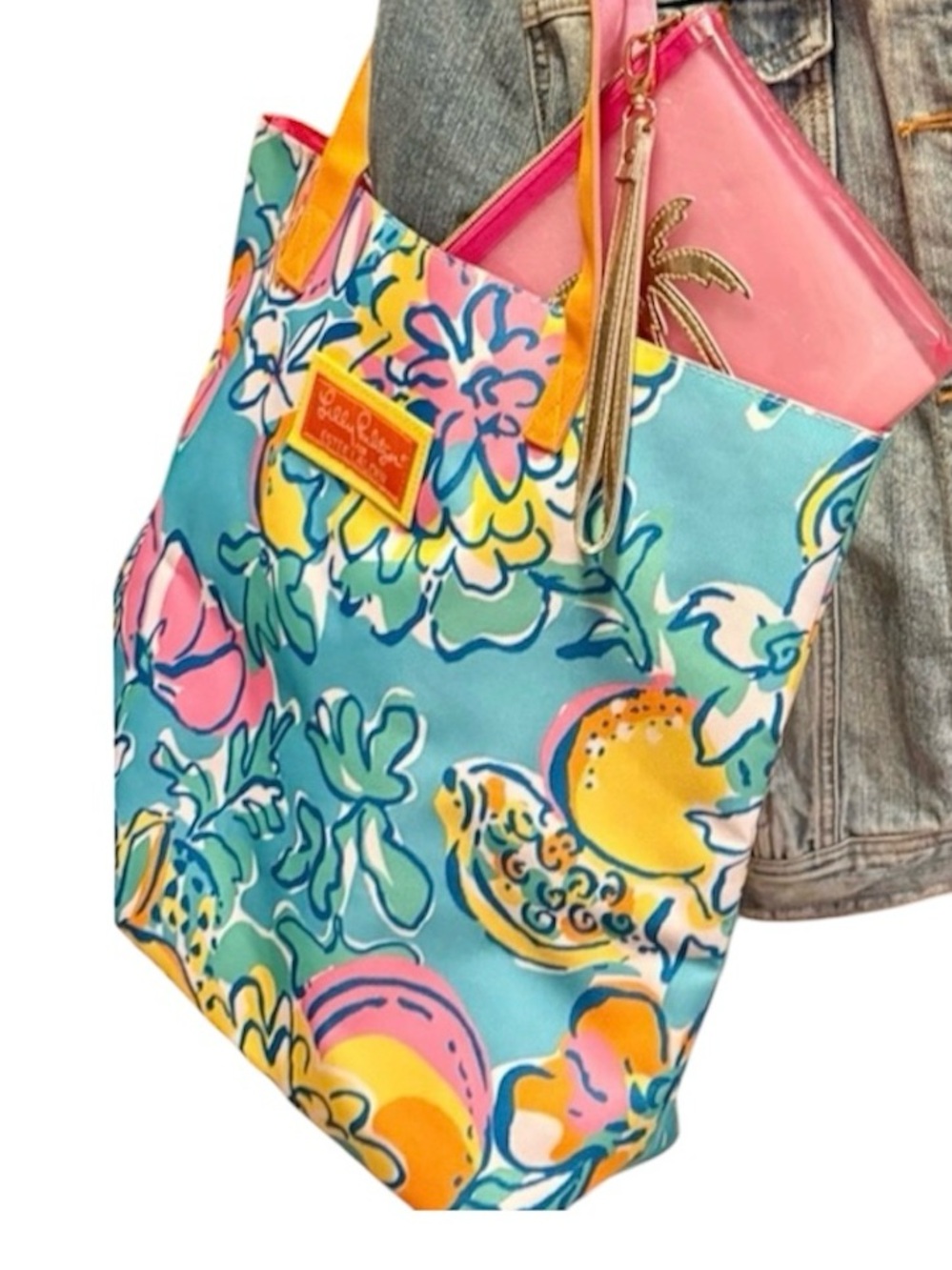 Lilly Pulitzer Floral Tote + LP Clear Pink Wristlet w Palms Travel Ready SET 🌸🏝️